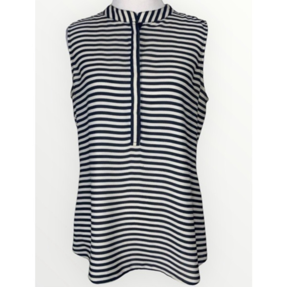 Banana Republic Navy Blue & Light Tan Striped Sleeveless 1/2 Snap Size 6